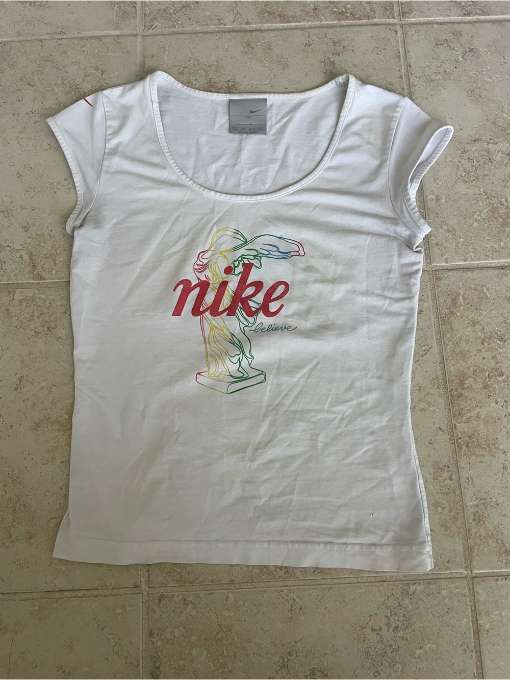 Nike White Girls' Short Sleeve Tee with Multicolor Outline Logo